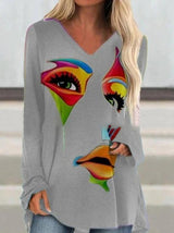 Women's T-Shirts Retro Abstract Face Print V-Neck Long Sleeve T-Shirt - T-Shirts - INS | Online Fashion Free Shipping Clothing, Dresses, Tops, Shoes - 18/10/2021 - 20-30 - color-black