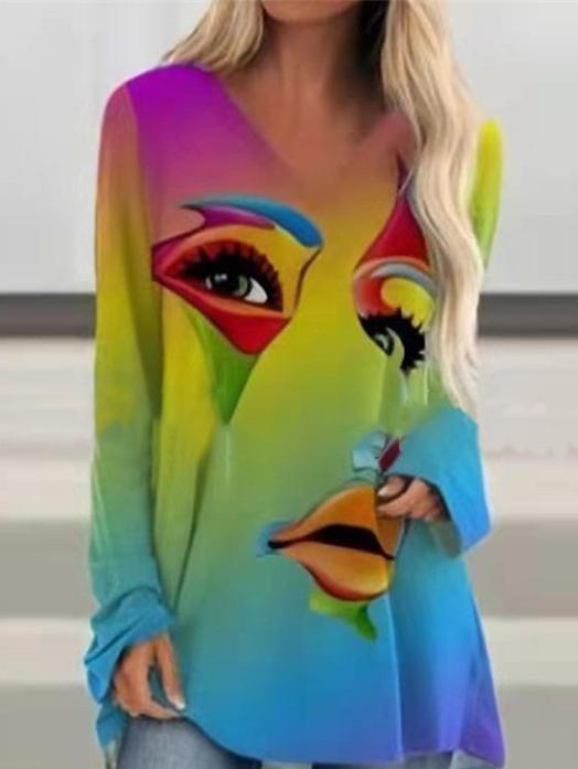 Women's T-Shirts Retro Abstract Face Print V-Neck Long Sleeve T-Shirt - T-Shirts - INS | Online Fashion Free Shipping Clothing, Dresses, Tops, Shoes - 18/10/2021 - 20-30 - color-black