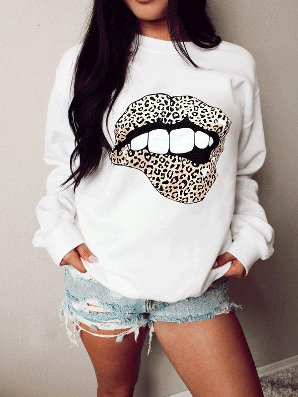 Women's T-Shirts Round Neck Lashes Lip Print Long Sleeve T-Shirt - T-Shirts - INS | Online Fashion Free Shipping Clothing, Dresses, Tops, Shoes - 20-30 - 29/10/2021 - color-apricot