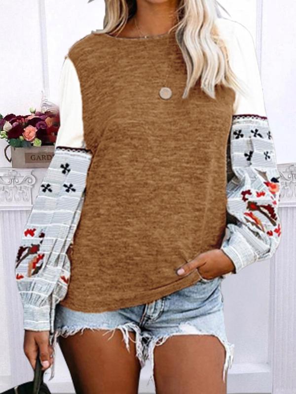 Women's T-Shirts Round Neck Print Stitching Long Sleeve T-Shirt - T-Shirts - INS | Online Fashion Free Shipping Clothing, Dresses, Tops, Shoes - 05/11/2021 - 10-20 - color-apricot