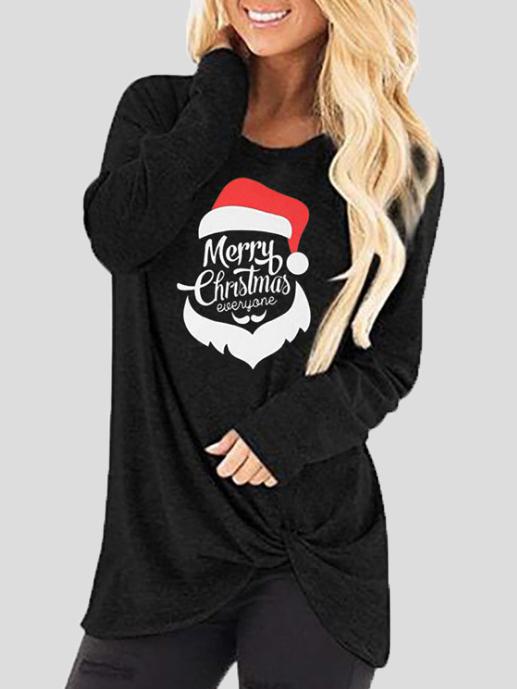 Women's T-Shirts Santa Claus Print Round Neck Knotted Long Sleeve T-Shirt - T-Shirts - INS | Online Fashion Free Shipping Clothing, Dresses, Tops, Shoes - 09/11/2021 - 20-30 - color-black