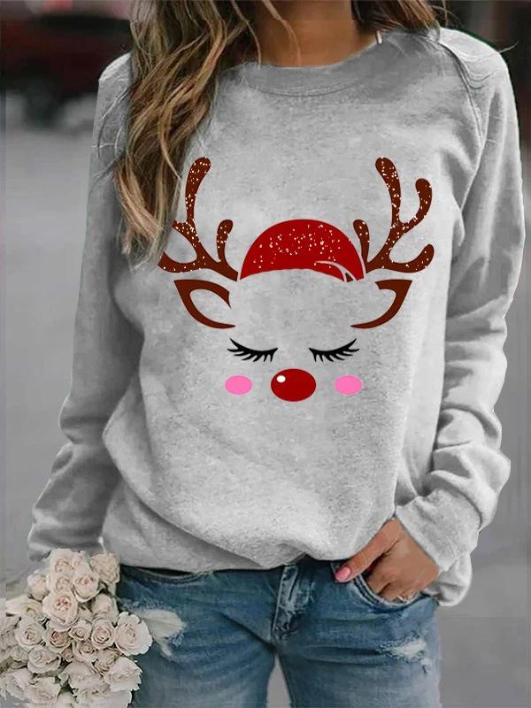 Women's T-Shirts Santa Deer Print Round Neck Long Sleeve T-Shirt - T-Shirts - INS | Online Fashion Free Shipping Clothing, Dresses, Tops, Shoes - 04/11/2021 - 20-30 - color-gray