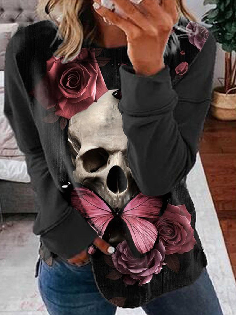 Women's T-Shirts Skull Floral Print Round Neck Long Sleeve T-Shirt - T-Shirts - INS | Online Fashion Free Shipping Clothing, Dresses, Tops, Shoes - 07/09/2021 - 10-20 - Category_T-Shirts