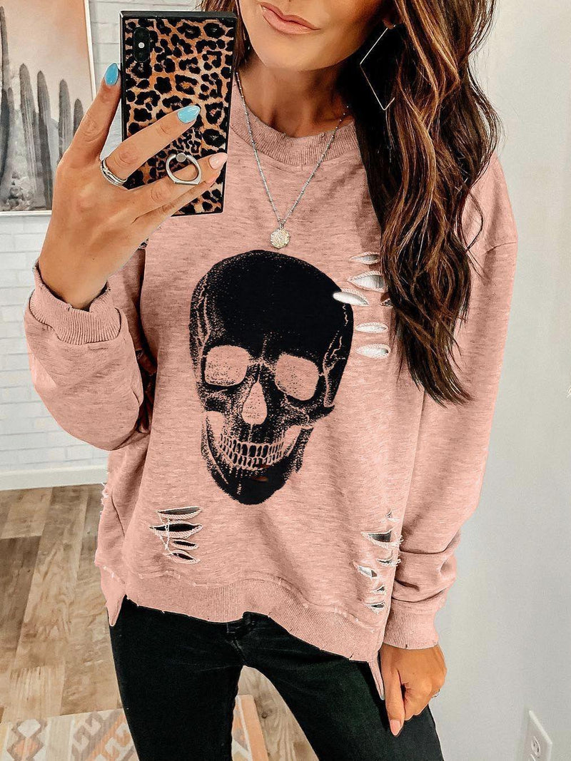 Women's T-Shirts Skull Hole Round Neck Long Sleeve T-Shirts - T-Shirts - INS | Online Fashion Free Shipping Clothing, Dresses, Tops, Shoes - 10-20 - 12/11/2021 - color-pink