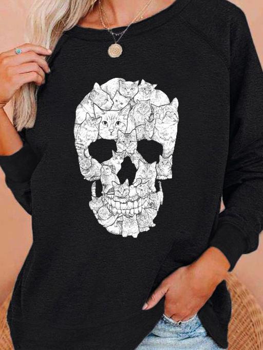 Women's T-Shirts Skull Print Round Neck Long Sleeve T-Shirts - T-Shirts - INS | Online Fashion Free Shipping Clothing, Dresses, Tops, Shoes - 20-30 - Category_T-Shirts - color-black