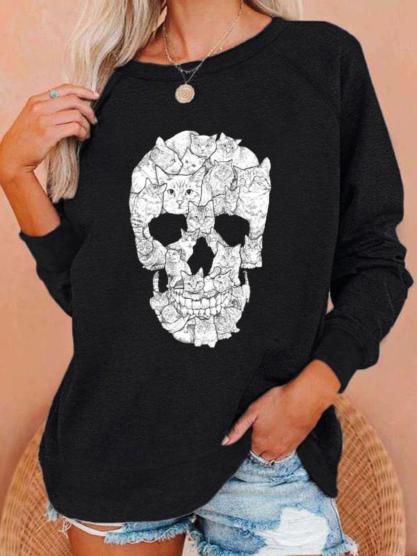 Women's T-Shirts Skull Print Round Neck Long Sleeve T-Shirts - T-Shirts - INS | Online Fashion Free Shipping Clothing, Dresses, Tops, Shoes - 20-30 - Category_T-Shirts - color-black