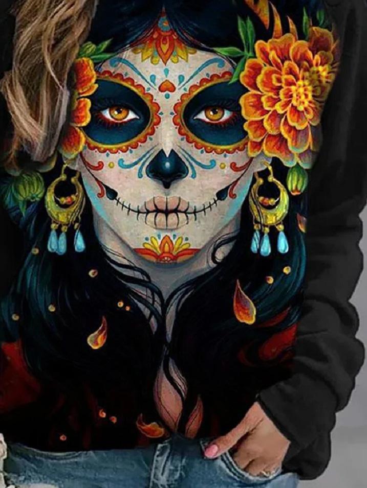 Women's T-Shirts Skull Print Round Neck Long Sleeve T-Shirts - T-Shirts - INS | Online Fashion Free Shipping Clothing, Dresses, Tops, Shoes - 10-20 - 10/09/2021 - Category_T-Shirts