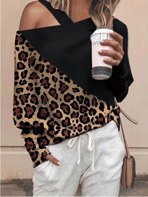 Women's T-Shirts Sloping Shoulder Leopard Stitching Printed T-Shirts - T-Shirts - INS | Online Fashion Free Shipping Clothing, Dresses, Tops, Shoes - 01/09/2021 - 10-20 - Category_T-Shirts