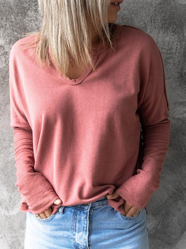 Women's T-Shirts Solid Pullover V-Neck Long Sleeve T-Shirts - T-Shirts - INS | Online Fashion Free Shipping Clothing, Dresses, Tops, Shoes - 06/09/2021 - 10-20 - Category_T-Shirts