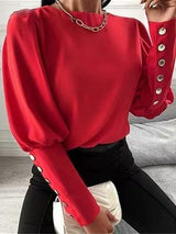 Women's T-Shirts Solid Round Neck Button Lantern Long Sleeve T-Shirt - T-Shirts - INS | Online Fashion Free Shipping Clothing, Dresses, Tops, Shoes - 20-30 - 22/10/2021 - color-black