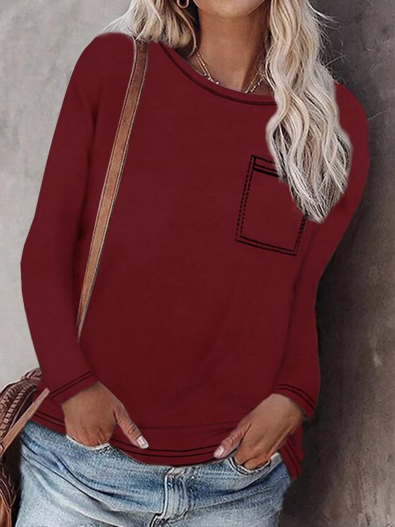 Women's T-Shirts Solid Round Neck Pocket Long Sleeve T-Shirt - T-Shirts - INS | Online Fashion Free Shipping Clothing, Dresses, Tops, Shoes - 16/11/2021 - 20-30 - color-black