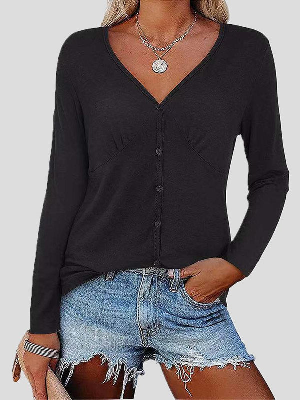 Women's T-Shirts Solid Single-Breasted Pleated Long Sleeve T-Shirt - T-Shirts - INS | Online Fashion Free Shipping Clothing, Dresses, Tops, Shoes - 10-20 - 12/11/2021 - color-black