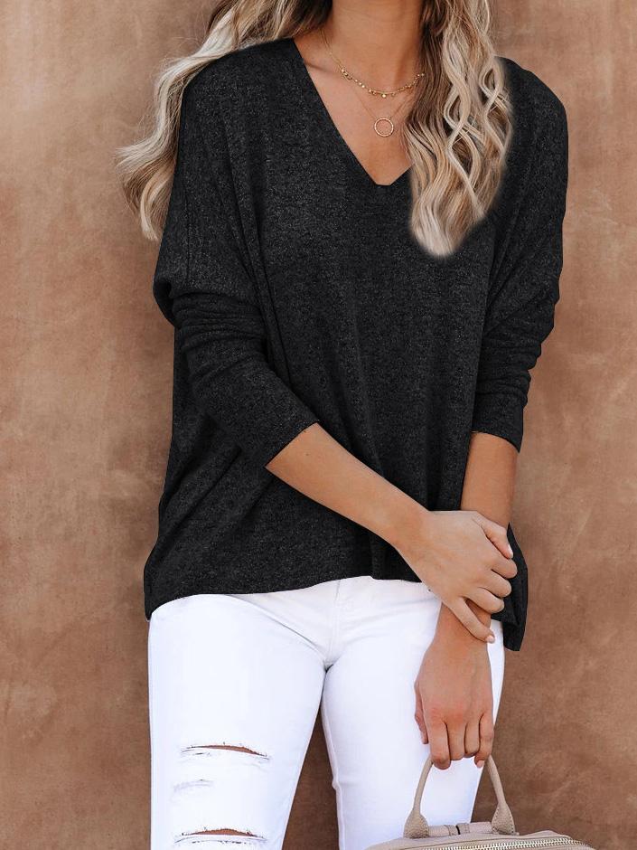 Women's T-Shirts Solid Wool Fleece Bat Sleeve V-Neck Pullover T-Shirts - T-Shirts - INS | Online Fashion Free Shipping Clothing, Dresses, Tops, Shoes - 09/08/2021 - 20-30 - Category_T-Shirts