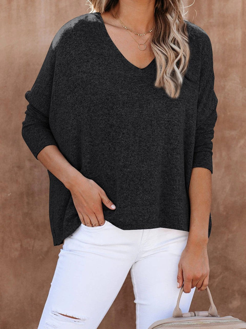 Women's T-Shirts Solid Wool Fleece Bat Sleeve V-Neck Pullover T-Shirts - T-Shirts - INS | Online Fashion Free Shipping Clothing, Dresses, Tops, Shoes - 09/08/2021 - 20-30 - Category_T-Shirts