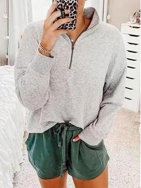 Women's T-Shirts Solid Zipper V-Neck Long Sleeve T-Shirt - T-Shirts - INS | Online Fashion Free Shipping Clothing, Dresses, Tops, Shoes - 10/11/2021 - 20-30 - color-gray
