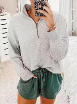 Women's T-Shirts Solid Zipper V-Neck Long Sleeve T-Shirt - T-Shirts - INS | Online Fashion Free Shipping Clothing, Dresses, Tops, Shoes - 10/11/2021 - 20-30 - color-gray