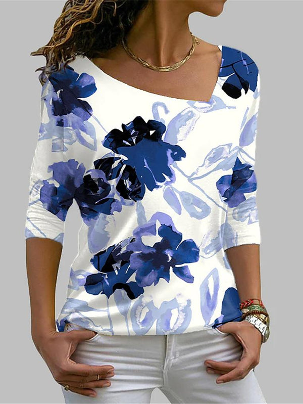 Women's T-Shirts Square Neck Floral Print Long Sleeve T-Shirt - T-Shirts - INS | Online Fashion Free Shipping Clothing, Dresses, Tops, Shoes - 20-30 - 22/10/2021 - color-blue