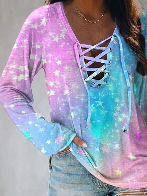 Women's T-Shirts Star Tie-Dye Print Tie Long Sleeve T-Shirt - T-Shirts - INS | Online Fashion Free Shipping Clothing, Dresses, Tops, Shoes - 13/10/2021 - 20-30 - color-pink