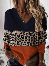 Women's T-Shirts Stitched Leopard V-Neck Long Sleeves T-Shirt - T-Shirts - INS | Online Fashion Free Shipping Clothing, Dresses, Tops, Shoes - 20-30 - 30/09/2021 - color-black