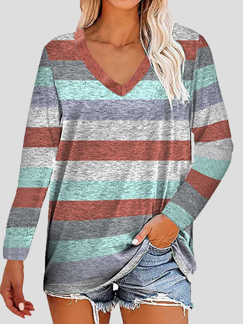 Women's T-Shirts Striped Printed V-Neck Long Sleeve T-Shirts - T-Shirts - INS | Online Fashion Free Shipping Clothing, Dresses, Tops, Shoes - 10-20 - 22/09/2021 - color-army_green