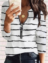 Women's T-Shirts Striped Printed Zipper Long Sleeve T-Shirt - T-Shirts - INS | Online Fashion Free Shipping Clothing, Dresses, Tops, Shoes - 12/10/2021 - 20-30 - color-white