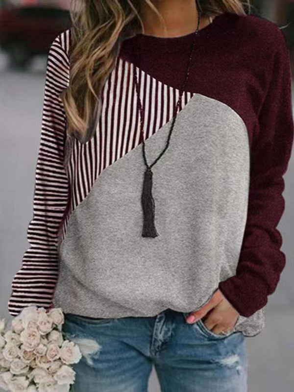 Women's T-Shirts Striped Stitching Round Neck Long Sleeve T-Shirt - T-Shirts - INS | Online Fashion Free Shipping Clothing, Dresses, Tops, Shoes - 20-30 - 22/10/2021 - color-black