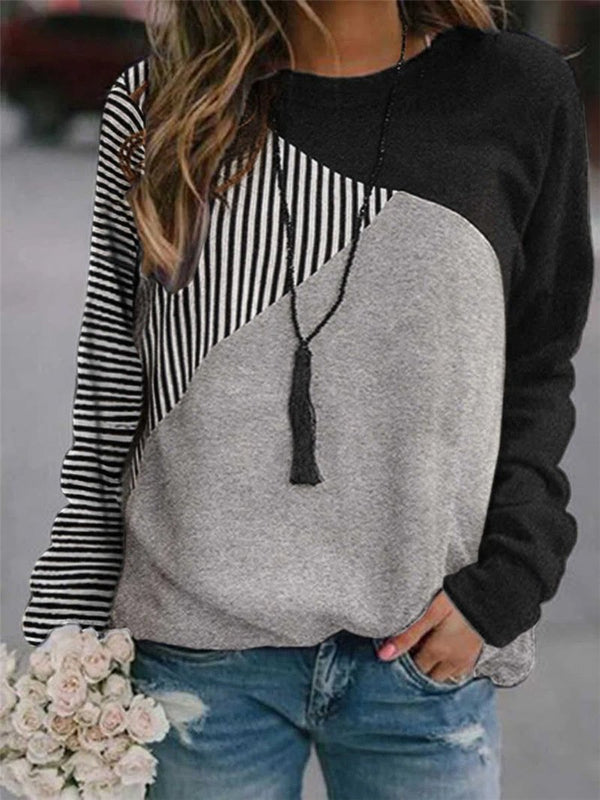 Women's T-Shirts Striped Stitching Round Neck Long Sleeve T-Shirt - T-Shirts - INS | Online Fashion Free Shipping Clothing, Dresses, Tops, Shoes - 20-30 - 22/10/2021 - color-black