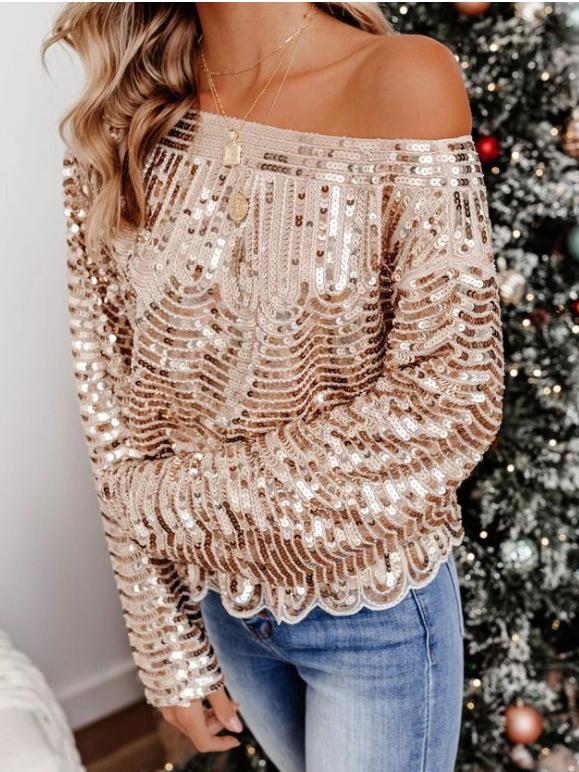 Women's T-Shirts Temperament Round Neck Long Sleeve Pullover Sequin T-Shirt - T-Shirts - INS | Online Fashion Free Shipping Clothing, Dresses, Tops, Shoes - 29/10/2021 - 30-40 - color-gold