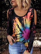 Women's T-Shirts Tie-Dye Stitching Hollow Round Neck Long Sleeve T-Shirt - T-Shirts - INS | Online Fashion Free Shipping Clothing, Dresses, Tops, Shoes - 17/11/2021 - 20-30 - color-multi