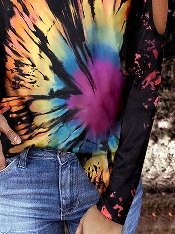 Women's T-Shirts Tie-Dye Stitching Hollow Round Neck Long Sleeve T-Shirt - T-Shirts - INS | Online Fashion Free Shipping Clothing, Dresses, Tops, Shoes - 17/11/2021 - 20-30 - color-multi