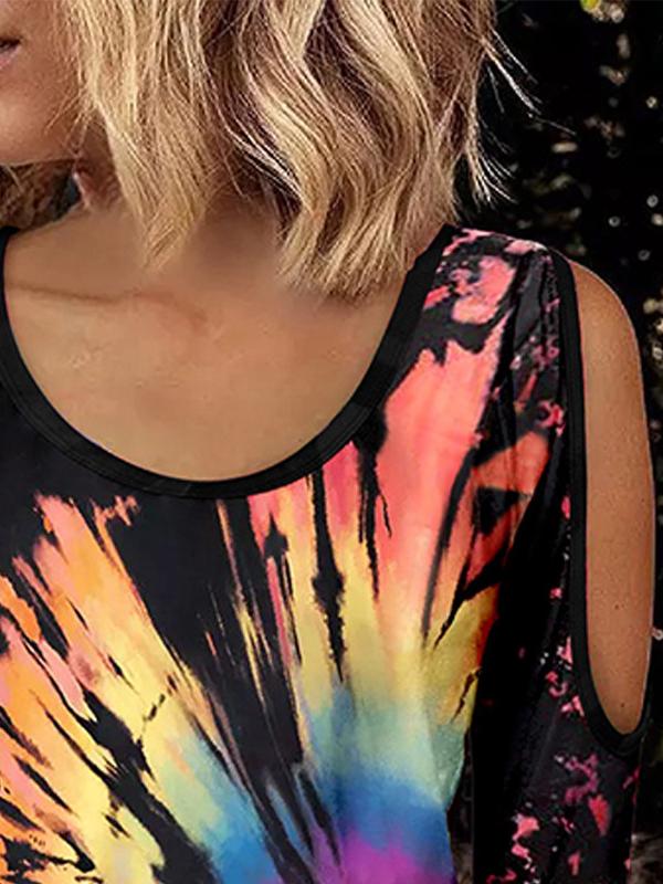 Women's T-Shirts Tie-Dye Stitching Hollow Round Neck Long Sleeve T-Shirt - T-Shirts - INS | Online Fashion Free Shipping Clothing, Dresses, Tops, Shoes - 17/11/2021 - 20-30 - color-multi