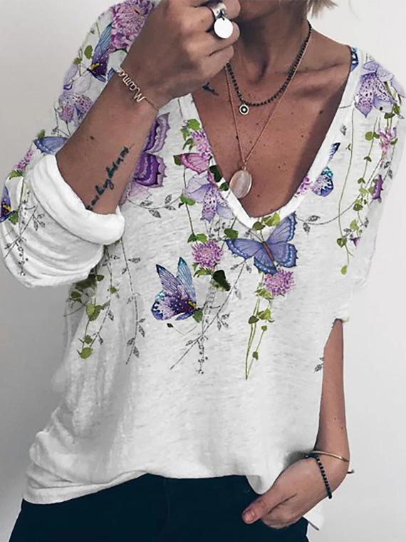 Women's T-Shirts V-Neck Butterfly Floral Print Pullover Long Sleeve T-Shirt - T-Shirts - INS | Online Fashion Free Shipping Clothing, Dresses, Tops, Shoes - 10-20 - 10/09/2021 - Category_T-Shirts