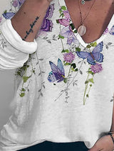 Women's T-Shirts V-Neck Butterfly Floral Print Pullover Long Sleeve T-Shirt - T-Shirts - INS | Online Fashion Free Shipping Clothing, Dresses, Tops, Shoes - 10-20 - 10/09/2021 - Category_T-Shirts