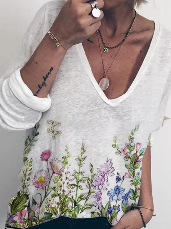 Women's T-Shirts V-Neck Butterfly Floral Print Pullover Long Sleeve T-Shirt - T-Shirts - INS | Online Fashion Free Shipping Clothing, Dresses, Tops, Shoes - 10-20 - 10/09/2021 - Category_T-Shirts