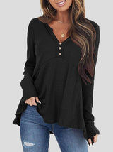 Women's T-Shirts V-Neck Button Long Sleeve T-Shirts - T-Shirts - INS | Online Fashion Free Shipping Clothing, Dresses, Tops, Shoes - 06/11/2021 - 20-30 - color-black
