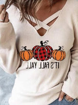 Women's T-Shirts V-Neck Cross Pumpkin Long Sleeve T-Shirt - T-Shirts - INS | Online Fashion Free Shipping Clothing, Dresses, Tops, Shoes - 09/10/2021 - 20-30 - color-apricot