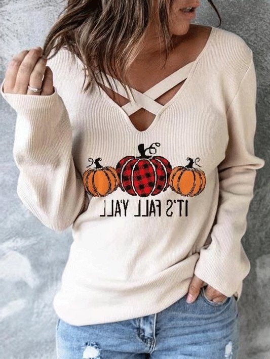 Women's T-Shirts V-Neck Cross Pumpkin Long Sleeve T-Shirt - T-Shirts - INS | Online Fashion Free Shipping Clothing, Dresses, Tops, Shoes - 09/10/2021 - 20-30 - color-apricot