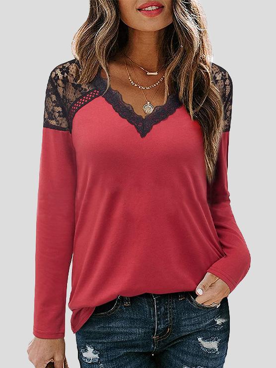 Women's T-Shirts V-Neck Lace Long Sleeve Casual T-Shirt - T-Shirts - INS | Online Fashion Free Shipping Clothing, Dresses, Tops, Shoes - 19/11/2021 - 20-30 - color-black