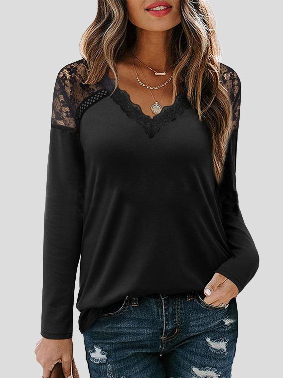 Women's T-Shirts V-Neck Lace Long Sleeve Casual T-Shirt - T-Shirts - INS | Online Fashion Free Shipping Clothing, Dresses, Tops, Shoes - 19/11/2021 - 20-30 - color-black