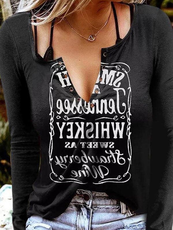 Women's T-Shirts V-Neck Letter Print Long Sleeve T-Shirt - T-Shirts - INS | Online Fashion Free Shipping Clothing, Dresses, Tops, Shoes - 20-30 - 28/10/2021 - color-black
