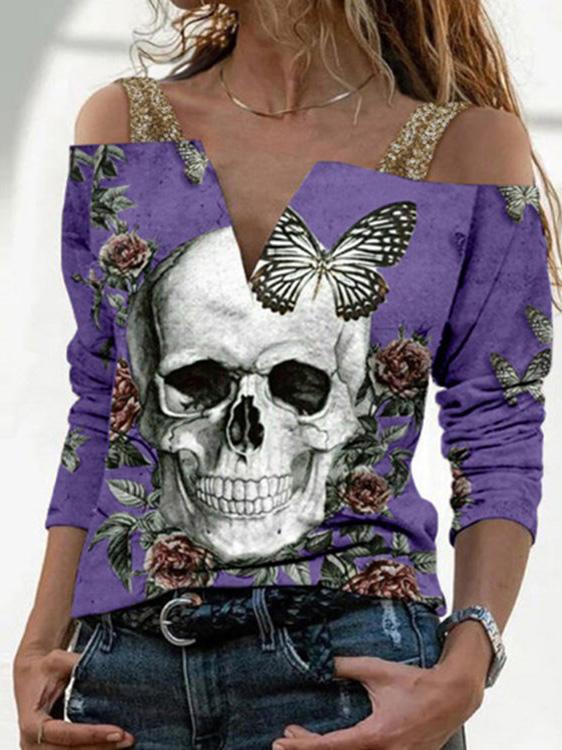 Women's T-Shirts V-Neck Skull Print Suspender Long Sleeve T-Shirt - T-Shirts - INS | Online Fashion Free Shipping Clothing, Dresses, Tops, Shoes - 02/09/2021 - 20-30 - Category_T-Shirts