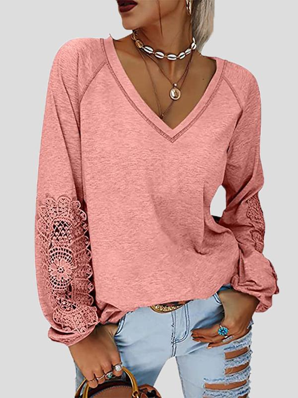 Women's T-Shirts V-Neck Stitching Lace Lantern Long Sleeve T-Shirt - T-Shirts - INS | Online Fashion Free Shipping Clothing, Dresses, Tops, Shoes - 11/11/2021 - 20-30 - color-black