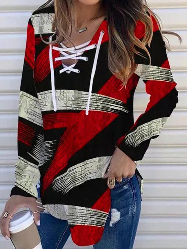 Women's T-Shirts V-Neck Tie Cloth Printed Long Sleeve T-Shirt - T-Shirts - INS | Online Fashion Free Shipping Clothing, Dresses, Tops, Shoes - 14/09/2021 - 20-30 - Category_T-Shirts