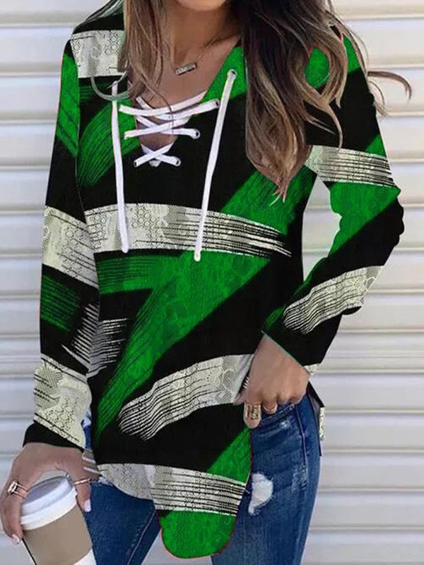 Women's T-Shirts V-Neck Tie Cloth Printed Long Sleeve T-Shirt - T-Shirts - INS | Online Fashion Free Shipping Clothing, Dresses, Tops, Shoes - 14/09/2021 - 20-30 - Category_T-Shirts