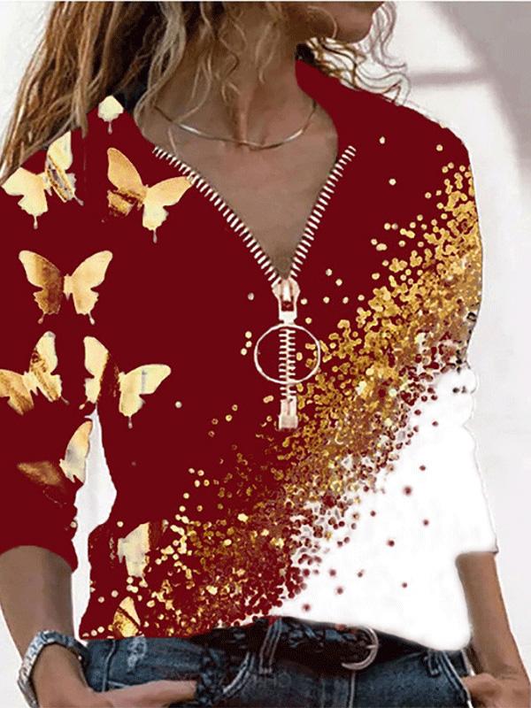 Women's T-Shirts V-Neck Zipper Butterfly Print Long Sleeve T-Shirt - T-Shirts - INS | Online Fashion Free Shipping Clothing, Dresses, Tops, Shoes - 10-20 - 10/08/2021 - Category_T-Shirts