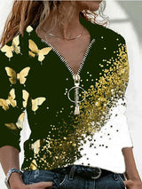 Women's T-Shirts V-Neck Zipper Butterfly Print Long Sleeve T-Shirt - T-Shirts - INS | Online Fashion Free Shipping Clothing, Dresses, Tops, Shoes - 10-20 - 10/08/2021 - Category_T-Shirts