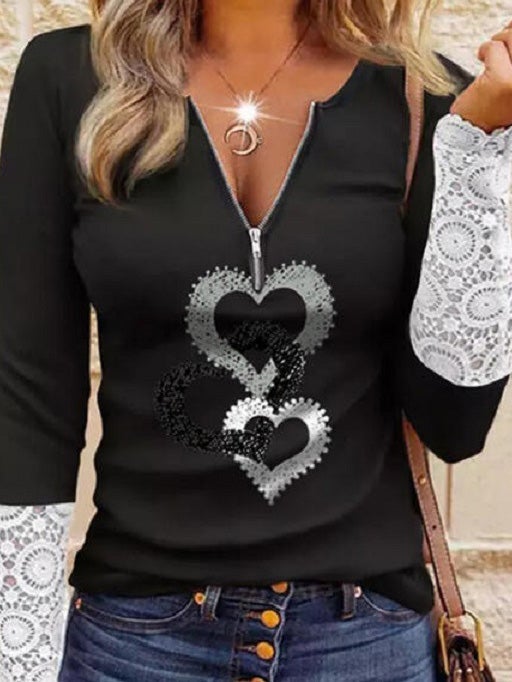 Women's T-Shirts V-Neck Zipper Lace Heart Long Sleeve T-Shirt - T-Shirts - Instastyled | Online Fashion Free Shipping Clothing, Dresses, Tops, Shoes - 30-40 - 30/12/2021 - color-black