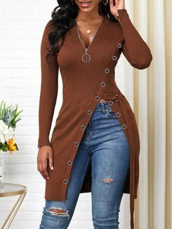 Women's T-Shirts V-Neck Zipper Long Sleeve High Slit T-Shirt - T-Shirts - INS | Online Fashion Free Shipping Clothing, Dresses, Tops, Shoes - 20-30 - 27/09/2021 - color-black