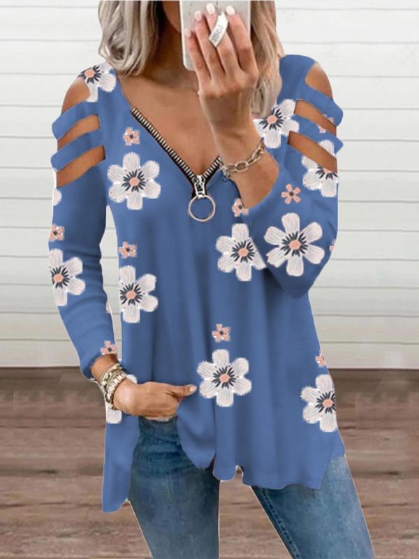 Women's T-Shirts V-Neck Zipper Off-Shoulder Long Sleeve Floral T-Shirt - T-Shirts - INS | Online Fashion Free Shipping Clothing, Dresses, Tops, Shoes - 08/10/2021 - 20-30 - color-black