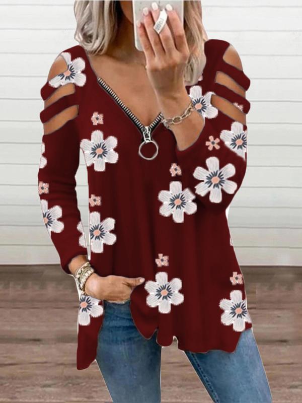 Women's T-Shirts V-Neck Zipper Off-Shoulder Long Sleeve Floral T-Shirt - T-Shirts - INS | Online Fashion Free Shipping Clothing, Dresses, Tops, Shoes - 08/10/2021 - 20-30 - color-black